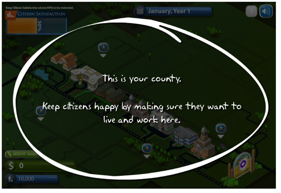 The interface of the Counties Work game makes it clear what issues are handled by local governments.