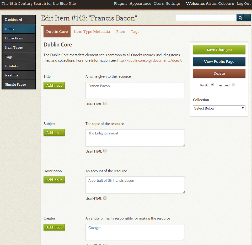 Screenshot of the Dublin Core section for descriptive metadata within Omeka’s Edit Item function