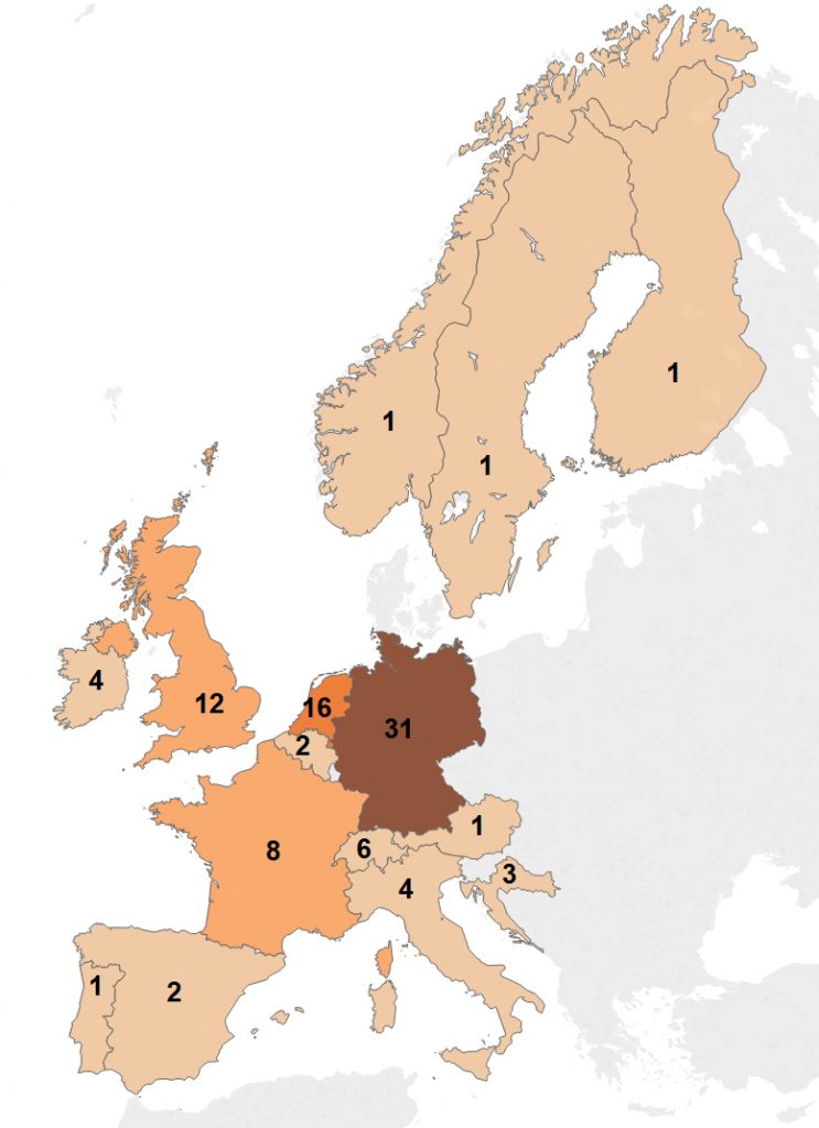 A map of Europe showing the number of DH programs in each country, based on DARIAH/EADH listings.