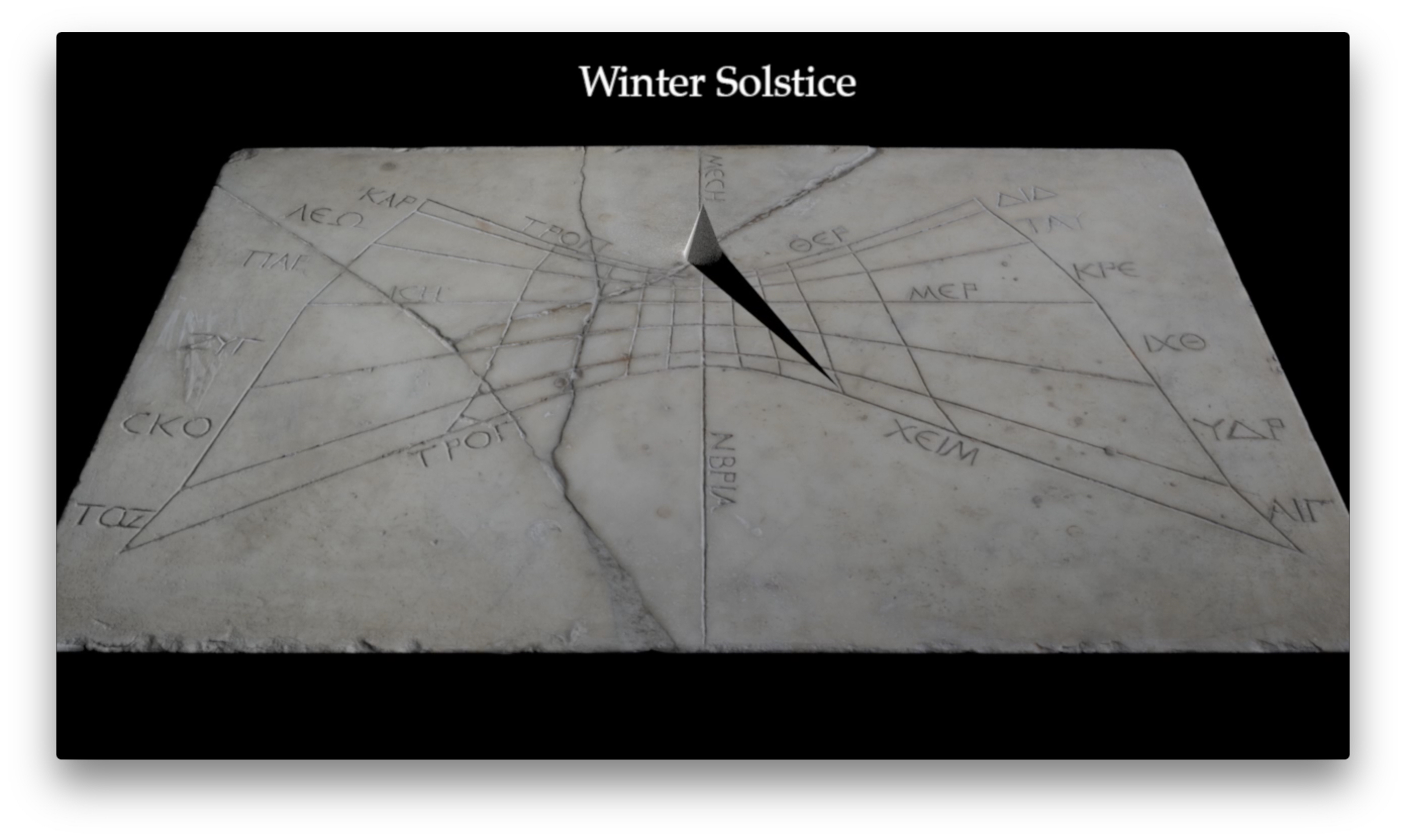 Rendering of shadow on the Pompeii Horizontal Sundial at three Roman hours before midday on the winter solstice, the shortest day of the year when the sun is low and shadows are long. The shadow is cast towards the lower right part of the sundial.