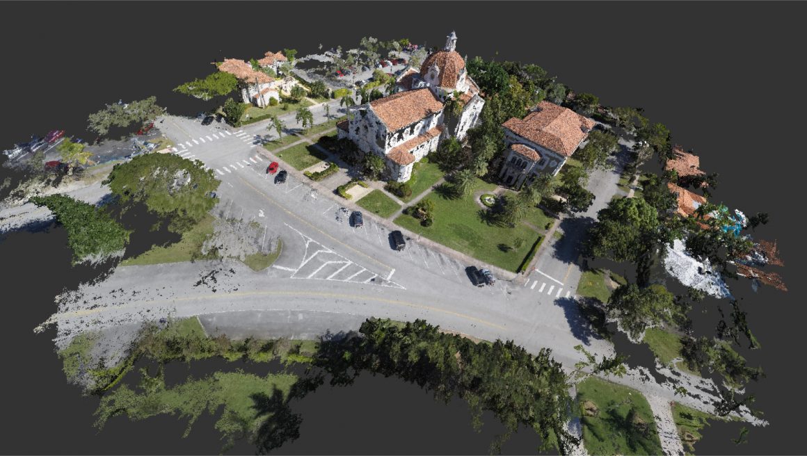 This point cloud of the Church of the Little Flower consists of an aerial view of the sanctuary and the adjacent meeting hall.