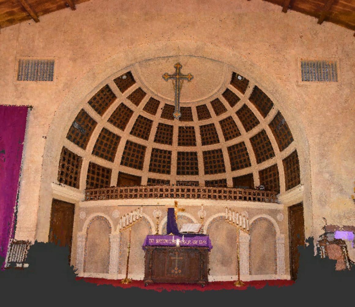 A point cloud rendering of the interior apse of the Congregational Church can be compared to an actual photograph of the same space to demonstrate the degree of accuracy and detail these types of images can achieve.