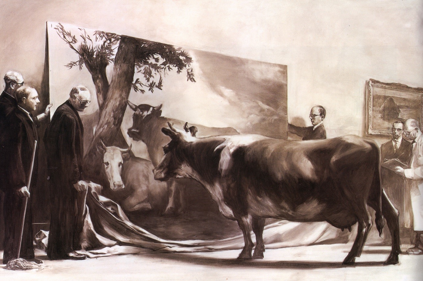 The painting, The Innocent Eye Test, by Mark Tansey which shows a cow being shown a painting of other cows by a group of men