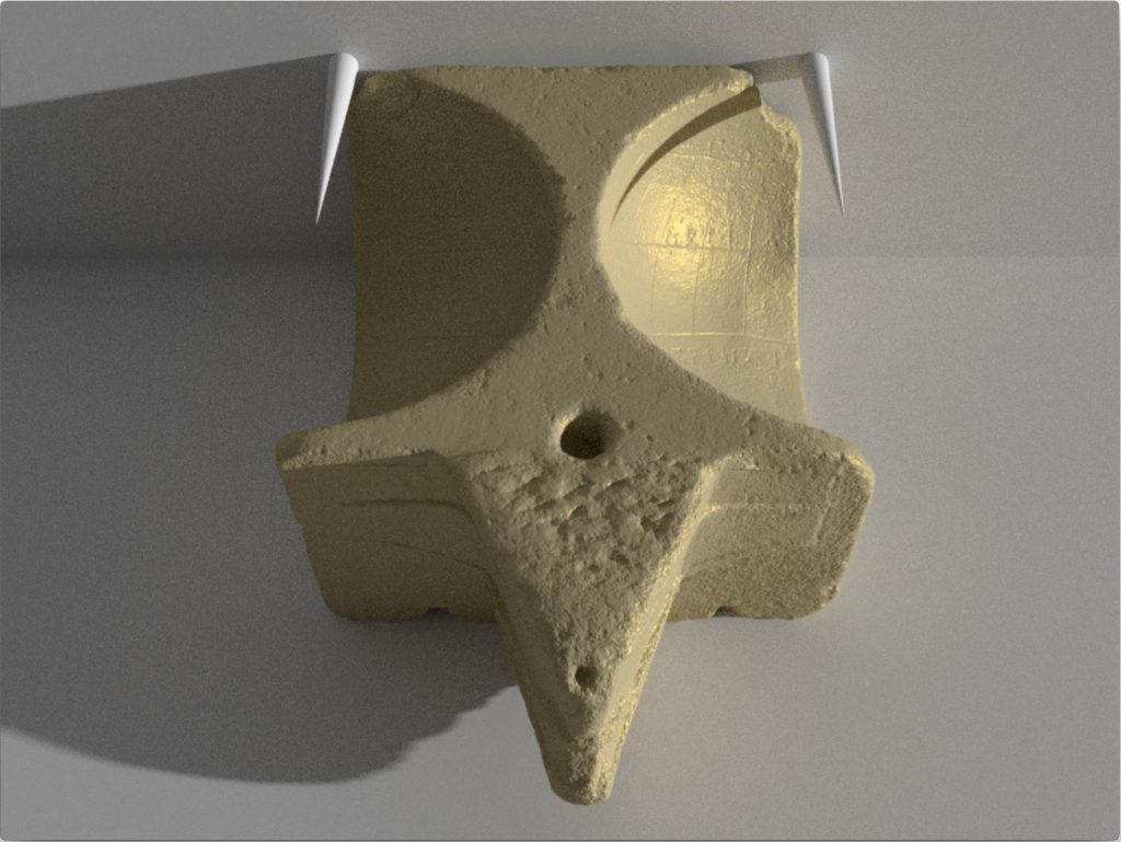 Rendering of the Delos Double Spherical Sundial shortly after sunrise on spring equinox. In this rendering, the sun is low on the eastern horizon. As the sun rises in the sky, the shadow of the right-hand gnomon will move down the right-hand quarter sphere until midday, when the left-hand quarter-sphere will become readable.