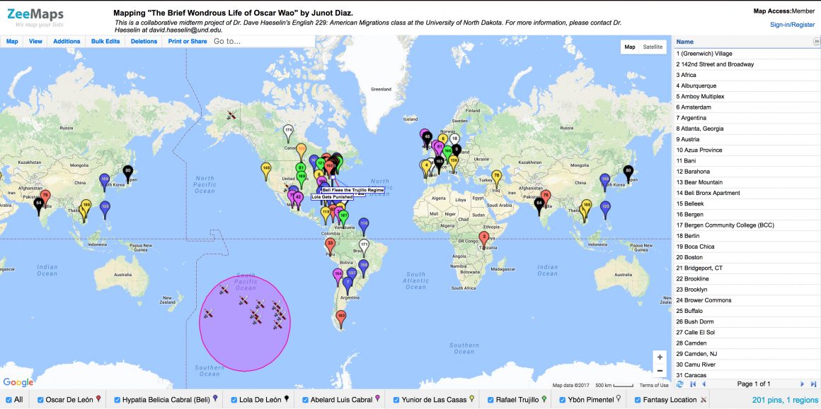 An image of a Google map of earth featuring pins at all the locations mentioned in Díaz’s novel.