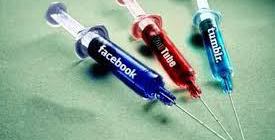 Three colorful syringes labeled Facebook, Youtube, and tumblr. respectively.