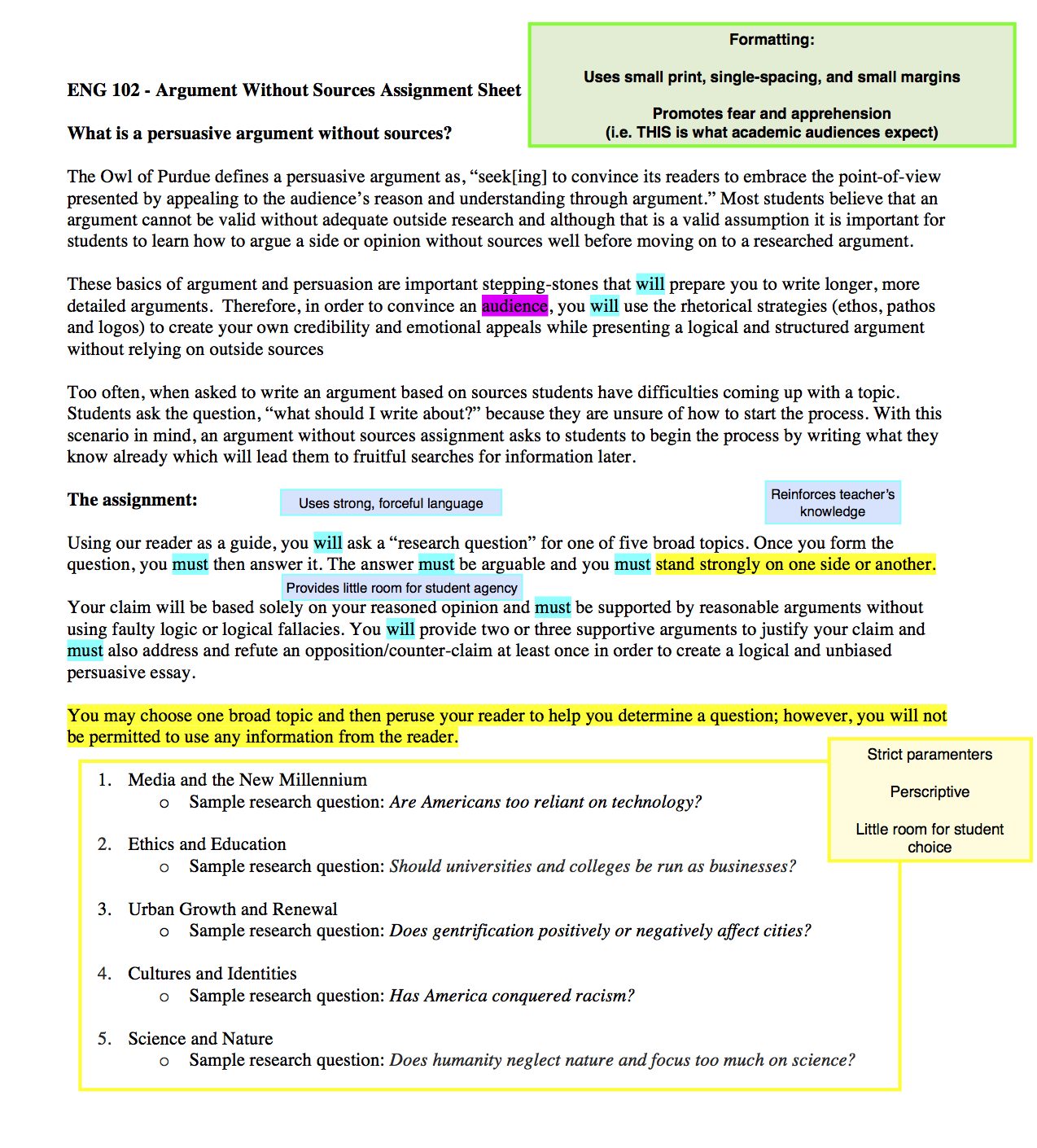 First page: intro and options. Small print, small margins, and forceful language provide little room for student agency (but reinforces teacher's knowledge).