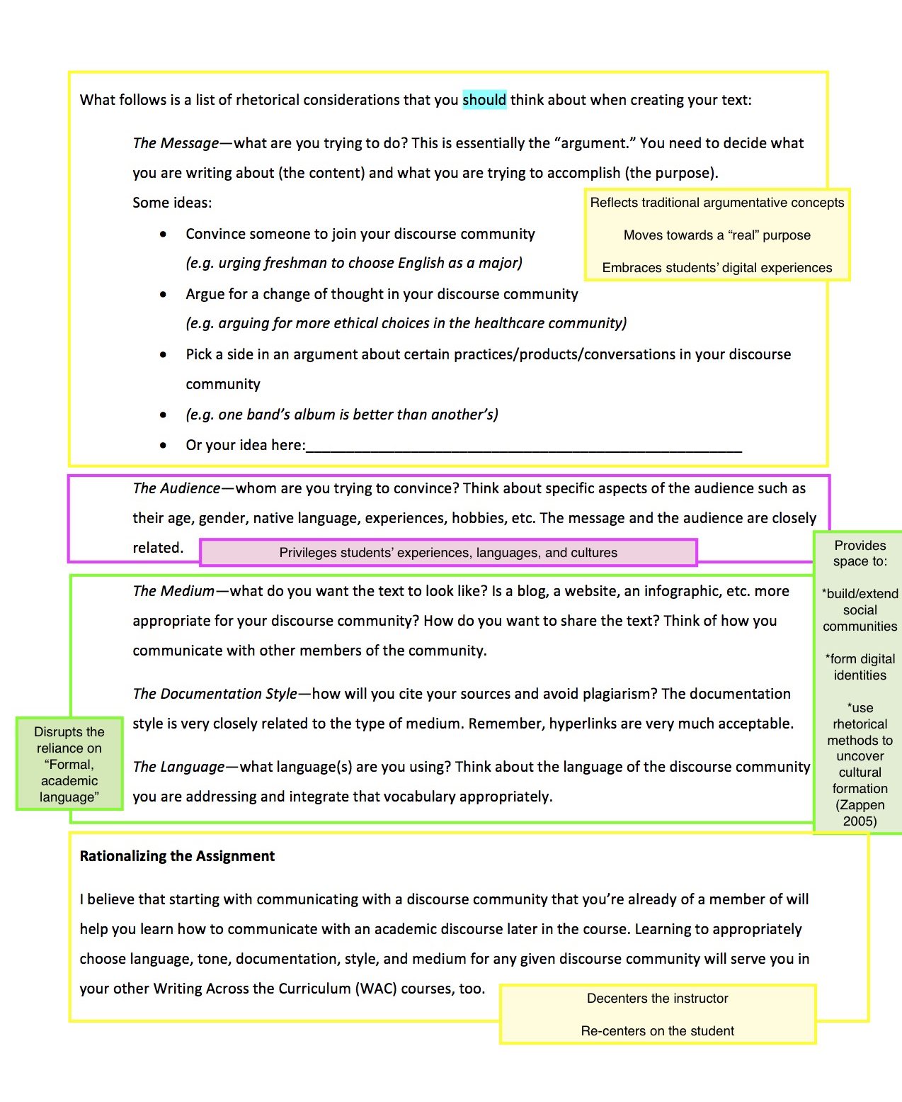 Third page: rhetorical considerations. Markup highlights the student-centered framing.