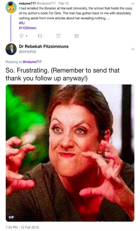 Twitter exchange that features an example of informal coaching from the instructor, using an animated gif of a woman making angry, frustrated faces while simulating strangling the air with her hands. 