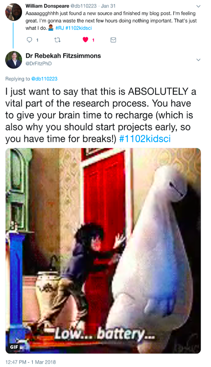 Exchange on Twitter between student and instructor discussing importance of taking breaks during the research process, which features a gif from Big Hero 6 that reads “Low...Battery…”