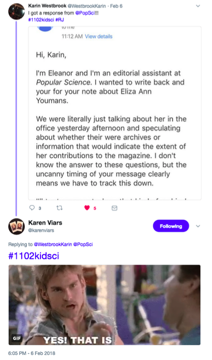 Student tweet includes a screenshot of an email she received from the magazine Popular Science about her author; the Georgia Tech librarian responds with an animated gif of a man gesturing excitedly that reads “Yes! That is awesome!”