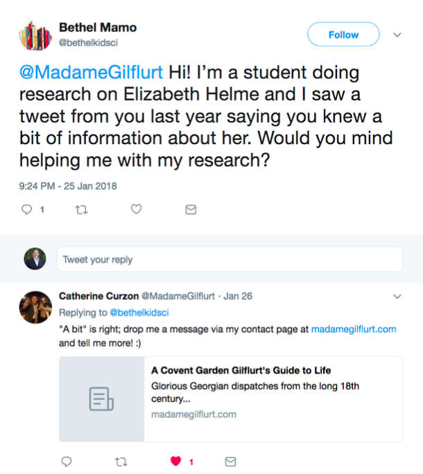 Student tweet to another Twitter user asking for assistance; that same Twitter user replies with a link to a blog post written about the student’s author and an invitation to direct message for more information. 
