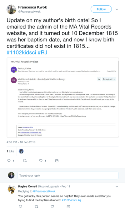 Tweet showing how a student was able to contact the Massachusetts Vital Records Office to obtain birth and death dates. Tweet has image of email sent.