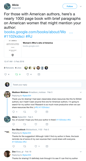 Twitter exchange between students regarding a biographical dictionary of American women that might also have women authors in it.