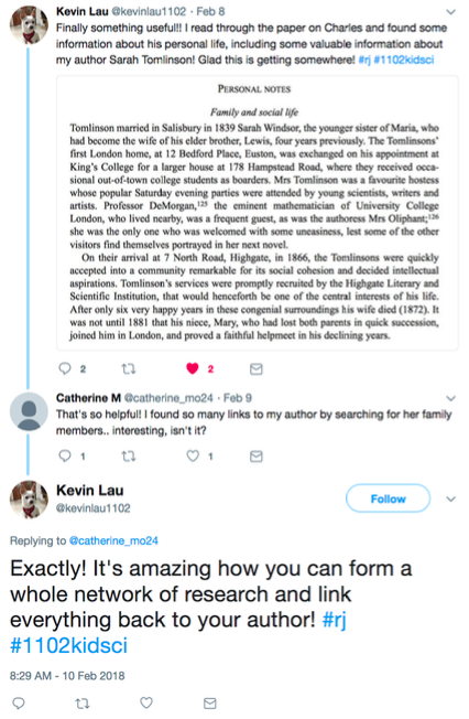 Twitter exchange between students, featuring a photo of the original document in which a student found significant new information.