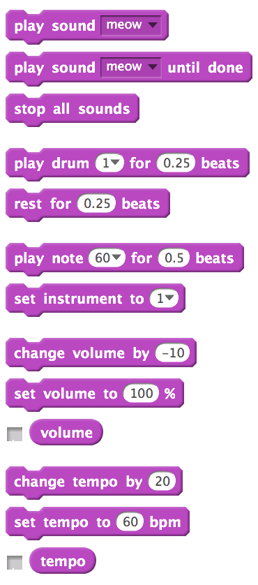 13 purple puzzle piece-shaped Scratch blocks arranged vertically. Blocks 1-3 correspond to audio files. Blocks 4-7 correspond to drums and pitches. Blocks 8-13 correspond to volume and tempo.