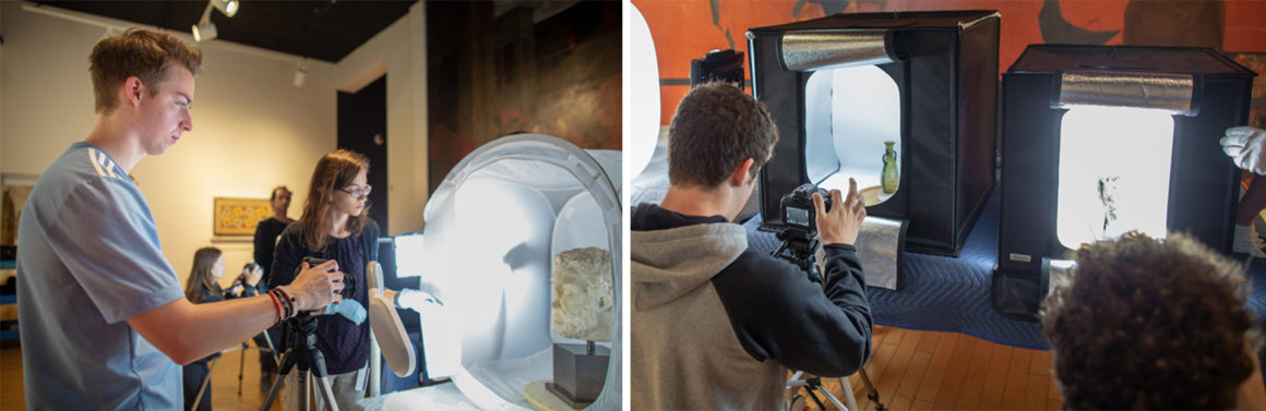 Two images depicting students taking photos of artefacts within the museum, while museum staff observe.