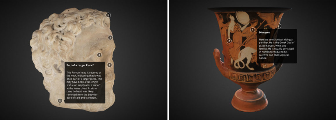3D digital models of the bearded roman and calyx krater objects captured with numbered annotations.