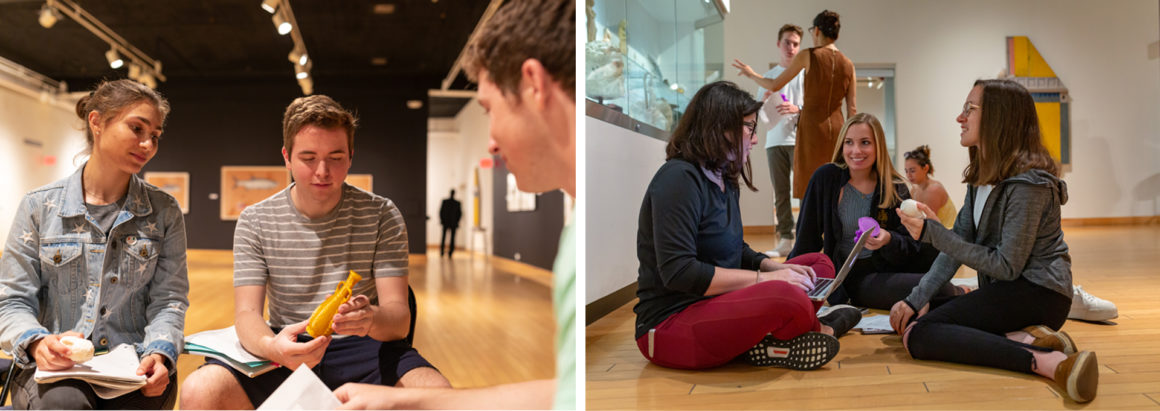 Two images depicting multiple students and faculty sitting in the museum, talking and handling 3D prints of antiquities. 