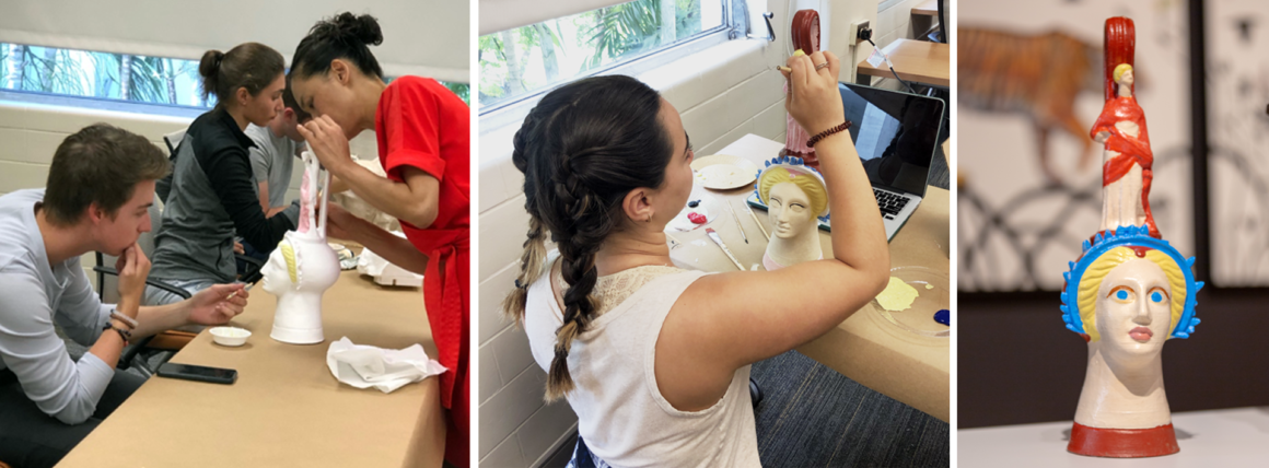 Two images depicting the process of students and faculty painting the Canosan vase using primary colors. One final image presents the finished object painted in blue, red and yellow.