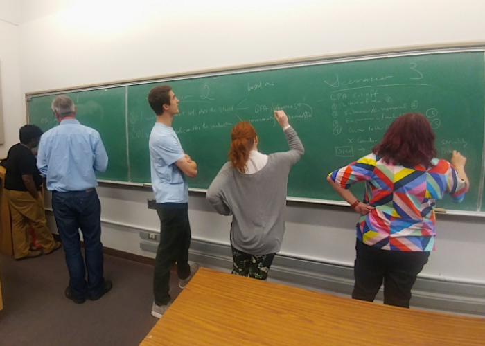 This photograph shows several students from behind, collaborating on the DHSI privacy plan by writing on a chalkboard.