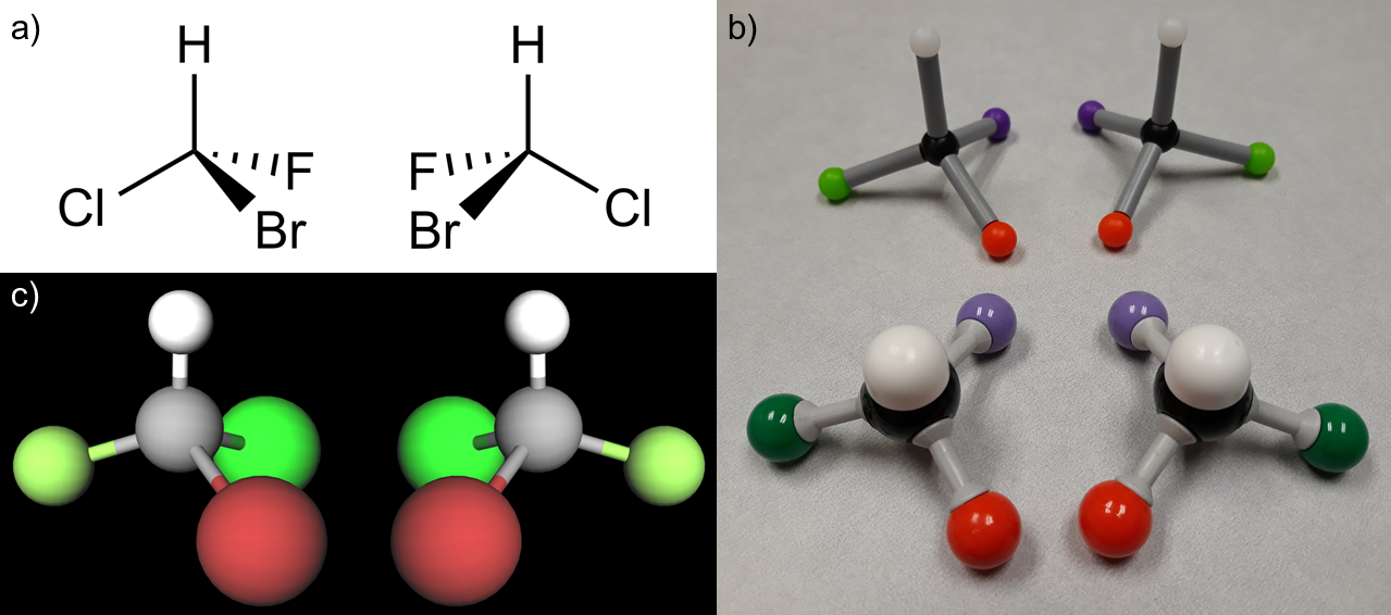 The chiral molecule bromochlorofluoromethane as represented by the typical 2D line-angle formula created in Chem Draw, two different commercial ball-and-stick model kits, and computer modeling generated in Mol View.
