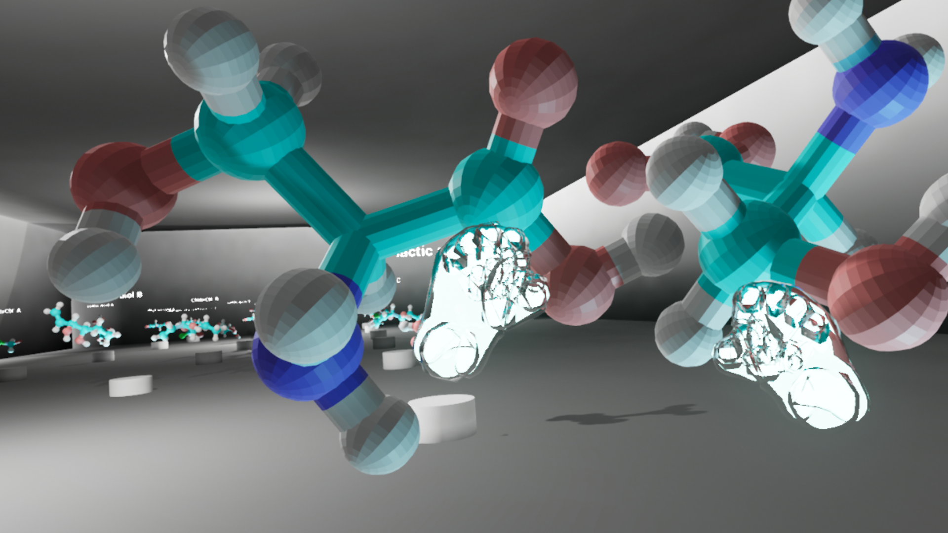 Screenshot of the Chirality VR experience displaying two 3D models being manipulated by virtual hands.
