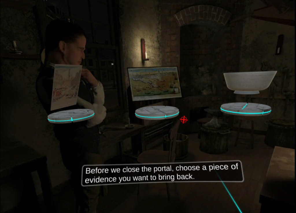 In figure 4, holograms of three objects are projected on top of the final Revere Workshop tableau. The closed caption prompts players to choose the object that “best helps you understand the causes of the massacre.”