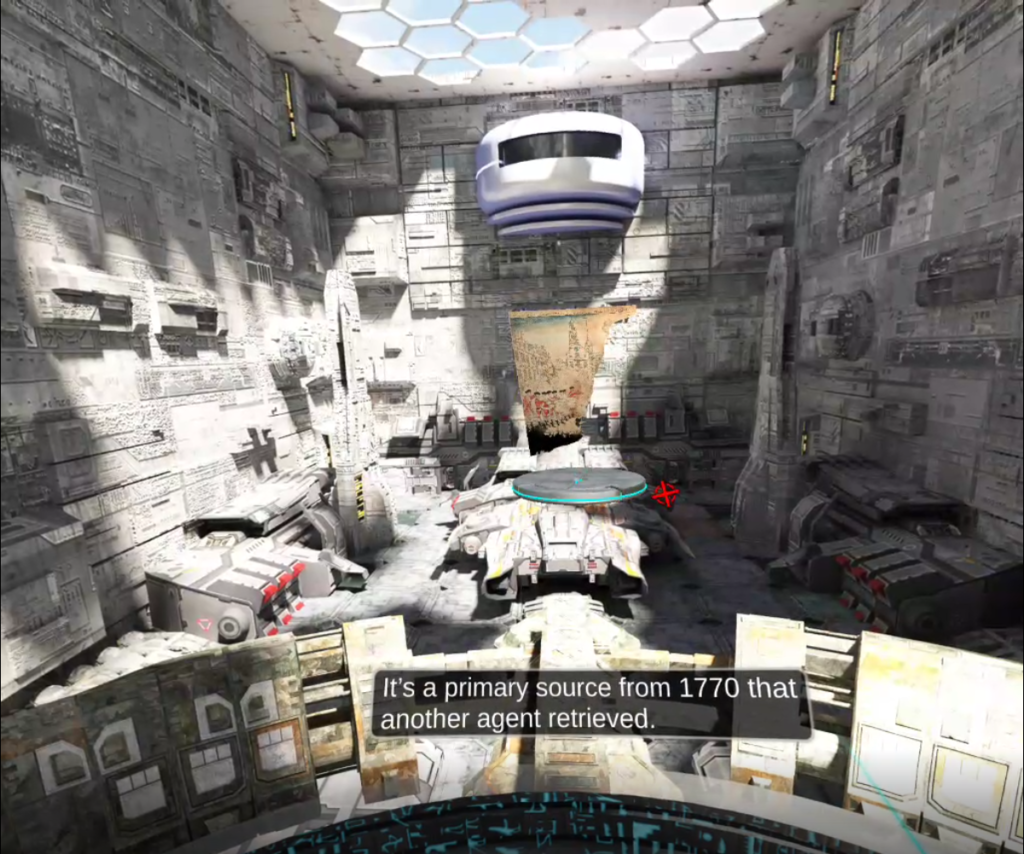 A large space with irregular grey and white walls. In the center of the field of view, a fragment of Paul Revere’s “Bloody Massacre” spins on a small holographic pedestal. The closed caption reads, “It’s a primary source from 1770 that another agent retrieved.”