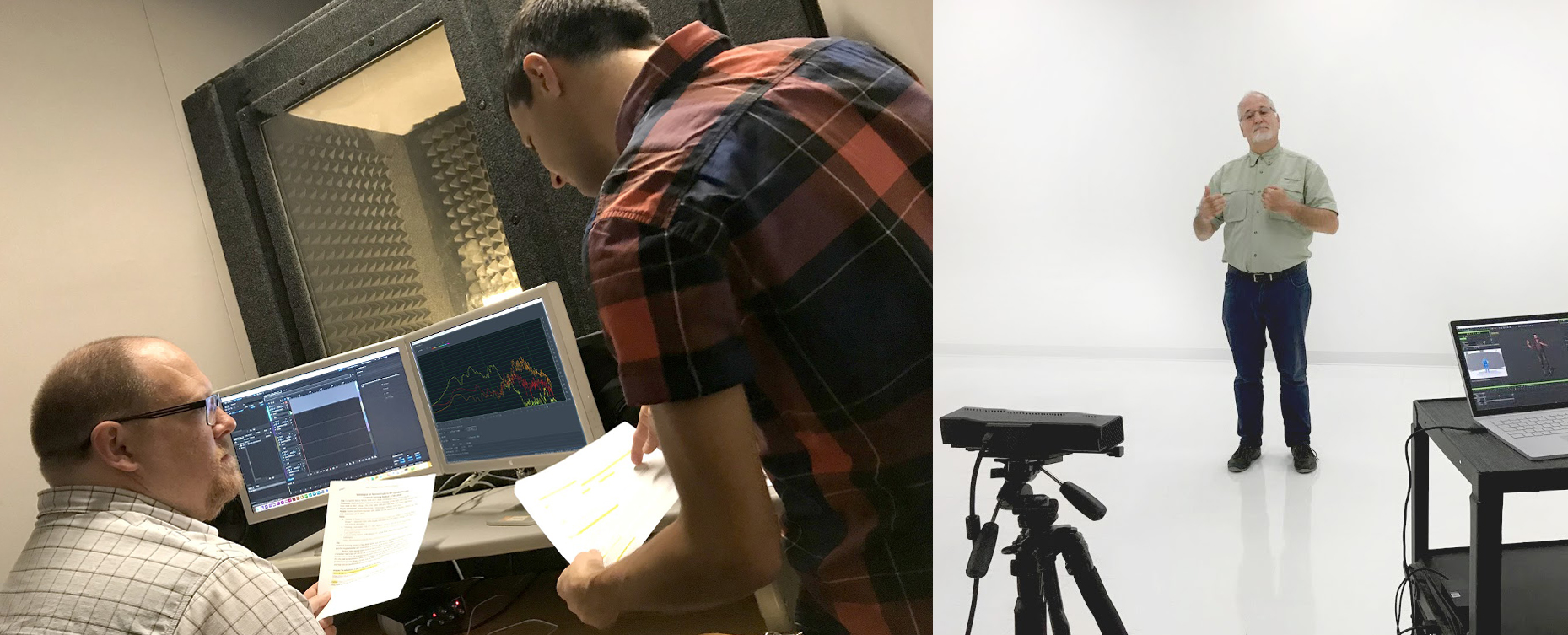 Left, Actor and audio technician reviewing script outside audio recroding booth. Right, Actor performing for motion capture system