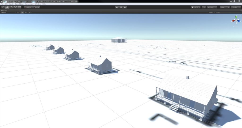 The Unity interface showing models of the double-pen slave cabin and the plantation mansion.