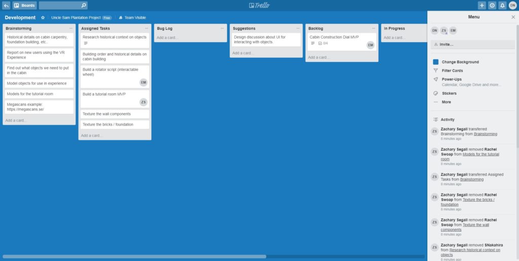 The Trello interface showing lists and cards used for managing the Uncle Sam Plantation VR project.