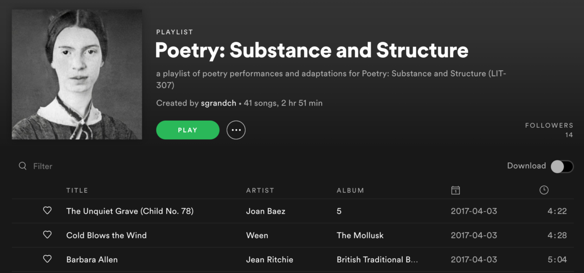 Poetry course Spotify playlist featuring image of Emily Dickinson and recordings of ballads by Joan Baez, Ween, and Jean Ritchie