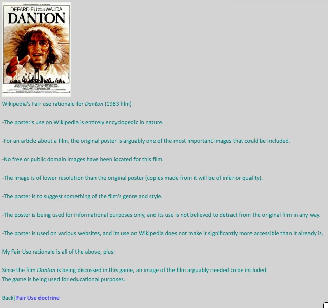 A screenshot of the game discussing fair use using the example of the poster for the movie Danton on Wikipedia.