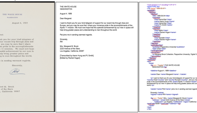 Three images side-by-side-by-side. The first is a digital facsimile of a letter; the second is a copy of that letter transcribed into a Word document, and the third is a copy of that same letter with xml tags added.