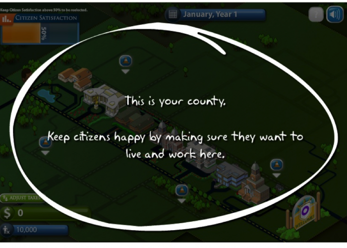 The interface of the Counties Work game makes it clear what issues are handled by local governments.This image is a screen shot form the game.