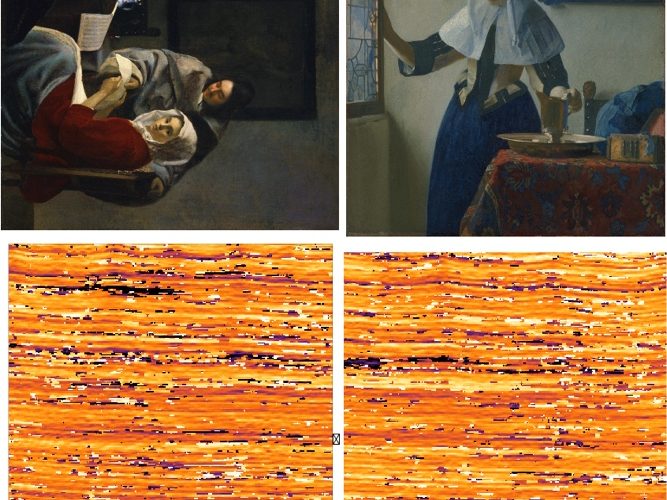 Figure 6 shows two paintings by Vermeer and their weave maps: The Girl Interrupted at Her Music from the Frick Collection and Young Woman with a Water Pitcher from the Metropolitan Museum of Art. The weave maps show that these two paintings were made from the same bolt of fabric.