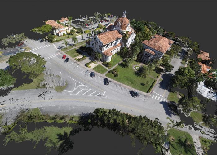 This point cloud of the Church of the Little Flower consists of an aerial view of the sanctuary and the adjacent meeting hall.