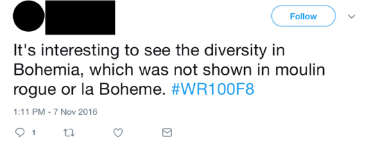 Figure 6: This image depicts a screenshot of a student’s tweet, which reads, “It’s interesting to see the diversity in Bohemia, which was not shown in moulin rouge or la Boheme. #WR100F8.”