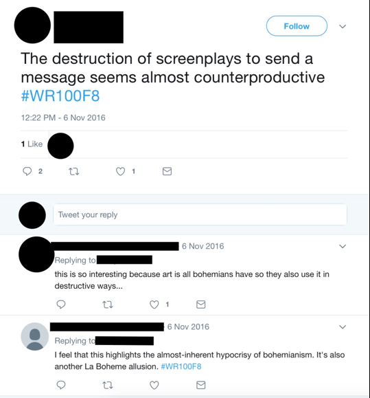 Figure 9: This image depicts a student’s tweet, which reads, “The destruction of screenplays to send a message seems almost counterproductive #WR100F8.” The image shows that the tweet received “1 Like.” The image also includes two students’ responses. The first reads, “this is so interesting because art is all the bohemians have so they also use it in destructive ways…” The second reads, “I feel that this highlights the almost-inherent hypocrisy of bohemianism. It’s also another La Boheme allusion.”
