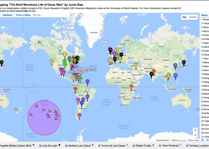 An image of a Google map of earth featuring pins at all the locations mentioned in Díaz’s novel.