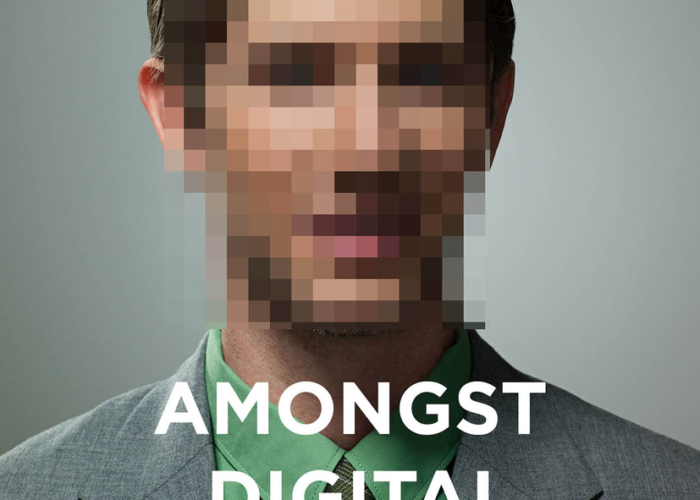 The cover of Amongst Digital Humanists, featuring a photo of a man in a suit with his face blurred by pixelation.