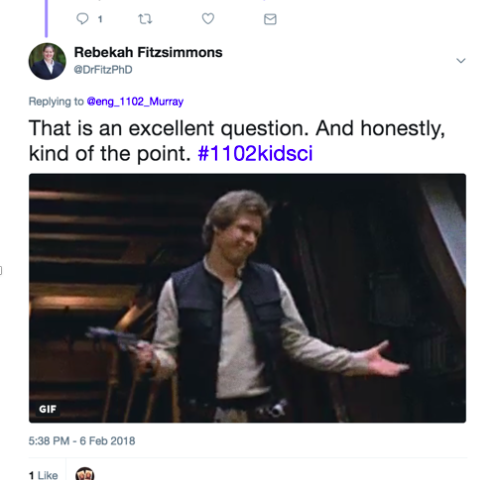 Twitter exchange between instructor and student about how one author was connected to the British royal family but could find no biographical information on her. One tweet also has a picture of Han Solo from the movie Star Wars.