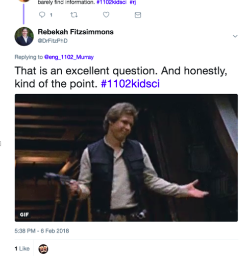 Twitter exchange between instructor and student about how one author was connected to the British royal family but could find no biographical information on her. One tweet also has a picture of Han Solo from the movie Star Wars.