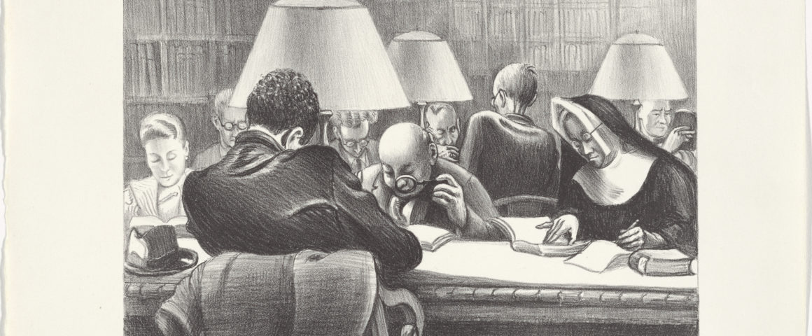1939 cartoon of caricatures at the NYPL reading room
