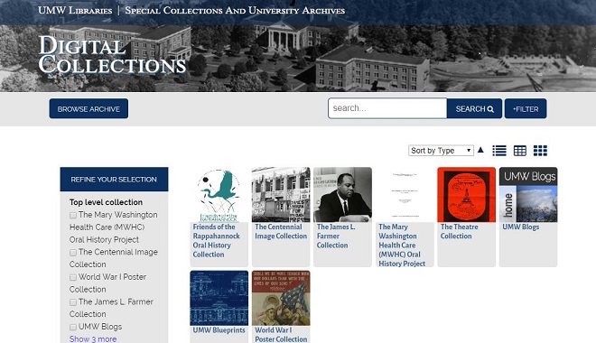 Screenshot of University of Mary Washington Libraries Digital Collections homepage.
