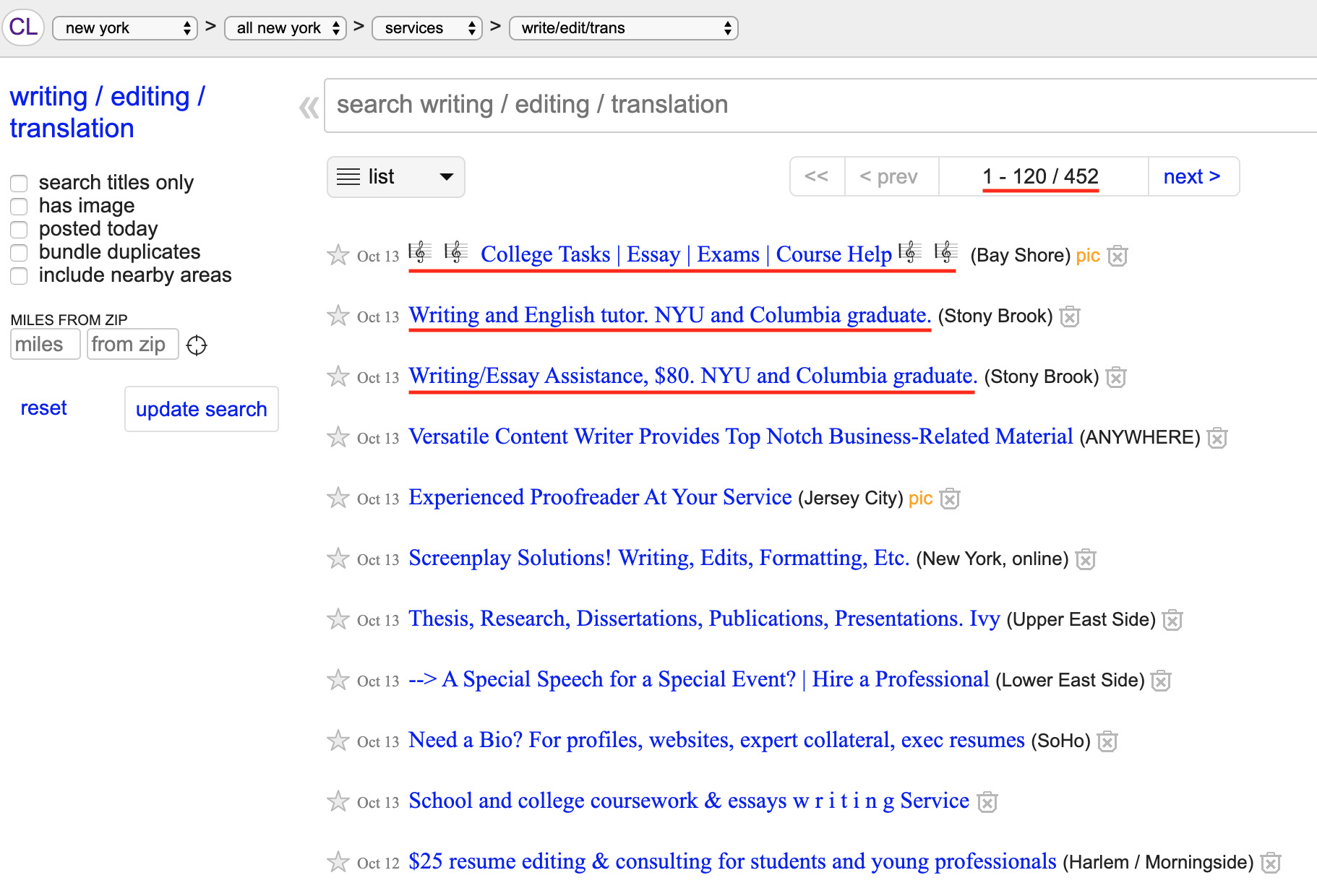 A screenshot from the Writing / Editing / Translation section of Craigslist, showing various offers and prices.