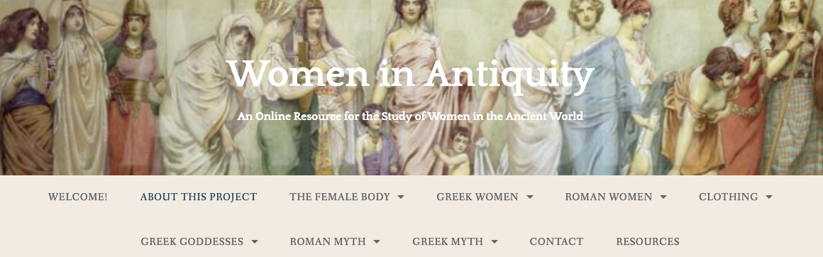 A banner for a student website, featuring a menu below a 19th century painting of many women in Graeco-Roman antiquity.
