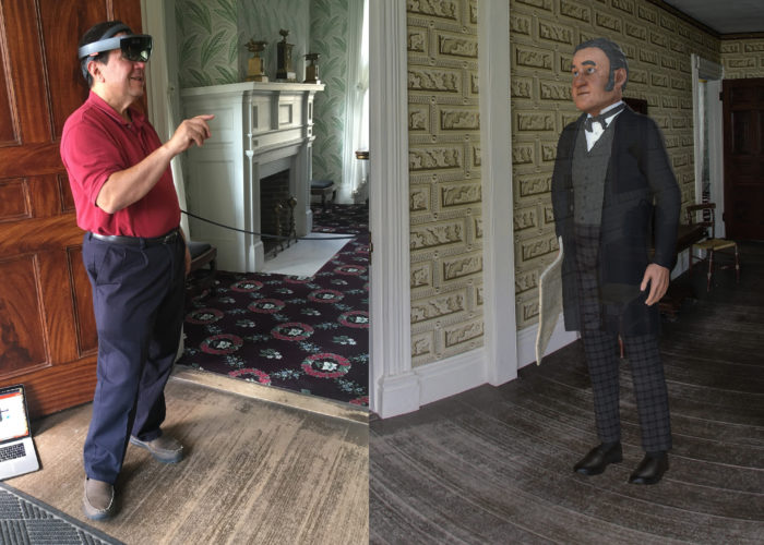 Left, User testing the system with HoloLens headset in the historic home. Right, What the user sees through the HoloLens.