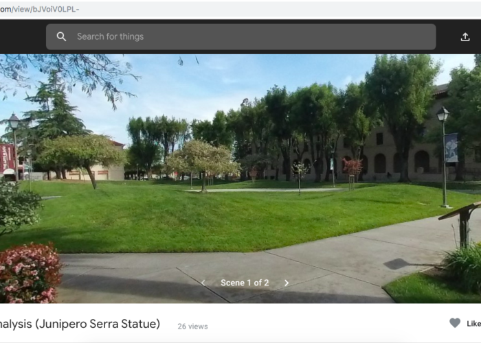 360° photograph of Junipero Serra statue and campus lawn, displayed in Google Tour Creator interface with digital annotation icons.